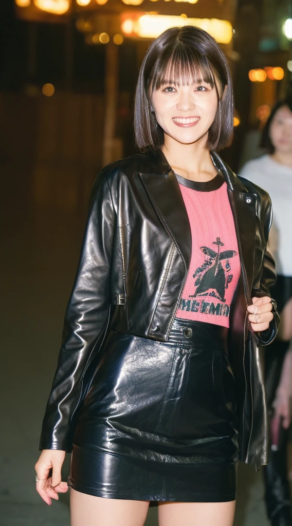 (((Yumikanoku))),((Highest quality, 8k, masterpiece :1.3)), One girl, smile, whole body, Slim face, Beautiful woman, (Dark brown hair), Tight leather pink suit,Pink Short Tight Skirt, Highly detailed face, Detailed eyes, double eyelid, Bokeh Background, Slim face, City of night, Neon Light,outside, Tokyo Street,Japan,leather jacket,Leather skirt,Bob cut short hair,