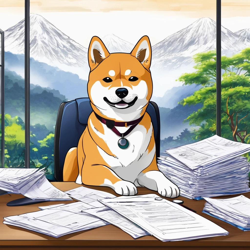 A sudden work trouble
 A sudden trouble arises during work、A Shiba Inu overwhelmed by work。Surrounded by mountains of paperwork and data、Feeling stressed while brainstorming solutions。