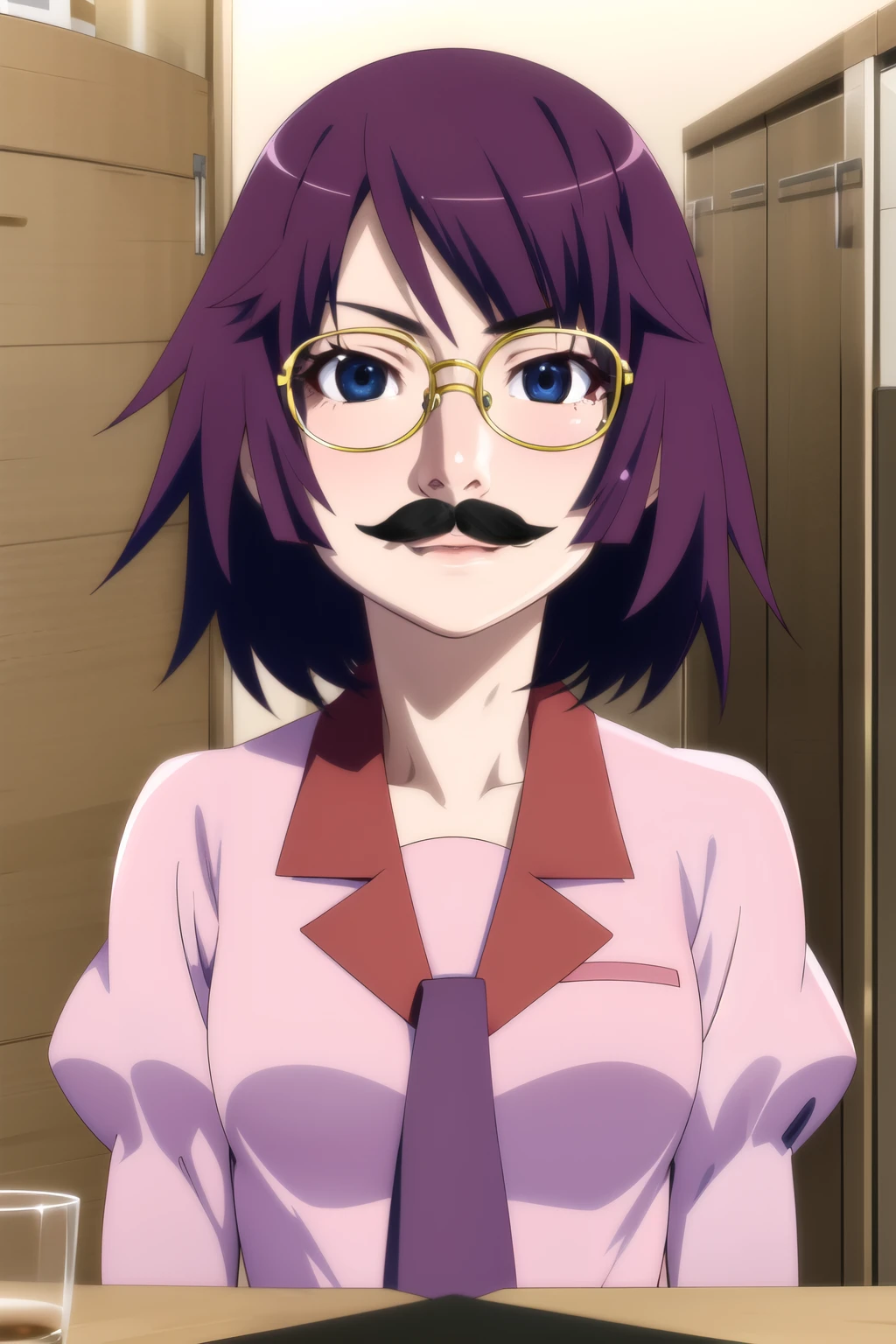 masterpiece, Highest quality, High resolution, Detailed face, Face Focus, Anime Coloring,
Hitagi Senjougahara,  One person, alone, View your viewers, short hair, blue eyes, shirt, Long sleeve, school uniform, Purple Hair, Glasses, Puff sleeves, Facial hair, Juliet Sleeve, pink shirt, moustache, naoetsu high school uniform, fake Facial hair, fake moustache, Senjougahara Hitagi,
