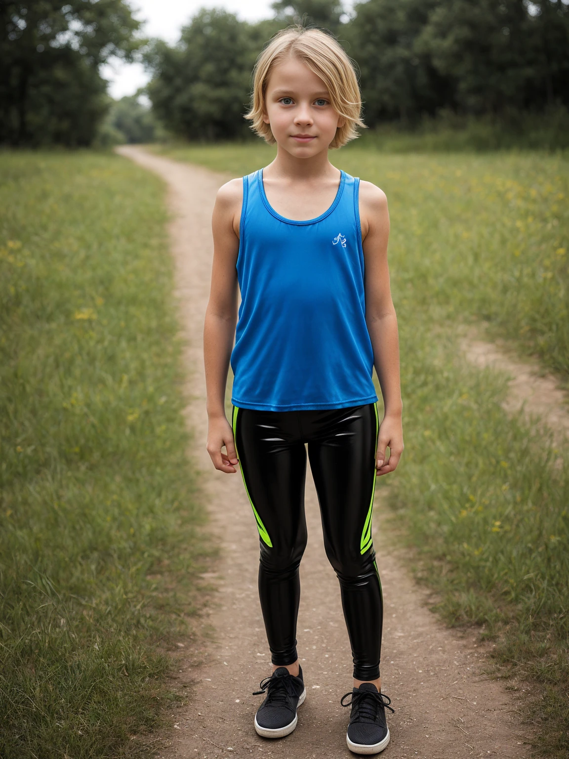 12-year-old child , European, Blonde with two tails, big eyes, short loose tank top, shiny leggings, Ray tracing, HDR