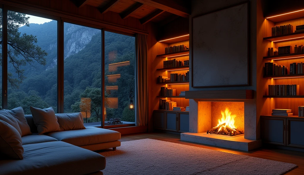 At night, a bedroom with a fireplace, bookshelves, sofa, and large window, designed in Vray rendering style with a blend of organic and natural elements. The atmosphere is cabincore and inspired by Japan, featuring soft lighting, glossy surfaces, and intricate design. The images are in 8K resolution.