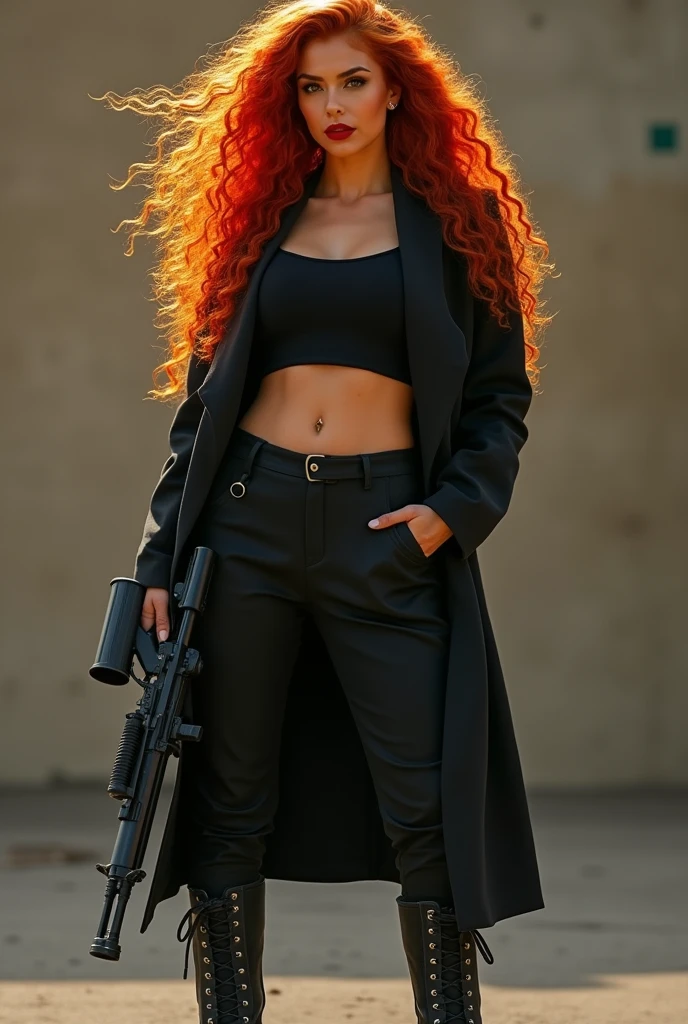 She has long curly fiery red hair
Defined structure, nothing too strong
Wears red lipstick
Her skin is tanned
Height of 1,85
Use a rifle as a weapon
The clothes are black pants , a black crop top and a large coat and high-top tractor boots