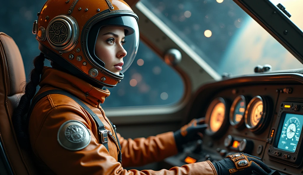 Depicts an immersive space exploration scene featuring an experienced female alien astronaut inside a futuristic cockpit. The woman, dressed in a brown-toned spacesuit, sports a pilot's helmet with shiny, steampunk-influenced metallic details. old-fashioned dark atmosphere, Her expression is focused and determined, emphasizing her role as a spaceship pilot she is looks at us. The cockpit is richly detailed with complex controls, screens, and gauges that demonstrate a high-tech environment. Through the cockpit canopy, a dark and mysterious space is revealed with distant planets and twinkling stars, reinforcing the atmosphere of interstellar adventure. The lighting in the scene is soft but accentuated enough to show the textures and details of the materials, both on the suit and the cockpit surfaces.
