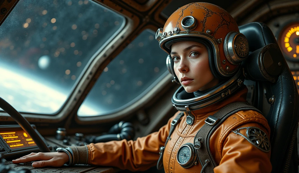 Depicts an immersive space exploration scene featuring an experienced female alien astronaut inside a futuristic cockpit. The woman, dressed in a brown-toned spacesuit, sports a pilot's helmet with shiny, steampunk-influenced metallic details. old-fashioned dark atmosphere, Her expression is focused and determined, emphasizing her role as a spaceship pilot she is looks at us. The cockpit is richly detailed with complex controls, screens, and gauges that demonstrate a high-tech environment. Through the cockpit canopy, a dark and mysterious space is revealed with distant planets and twinkling stars, reinforcing the atmosphere of interstellar adventure. The lighting in the scene is soft but accentuated enough to show the textures and details of the materials, both on the suit and the cockpit surfaces.