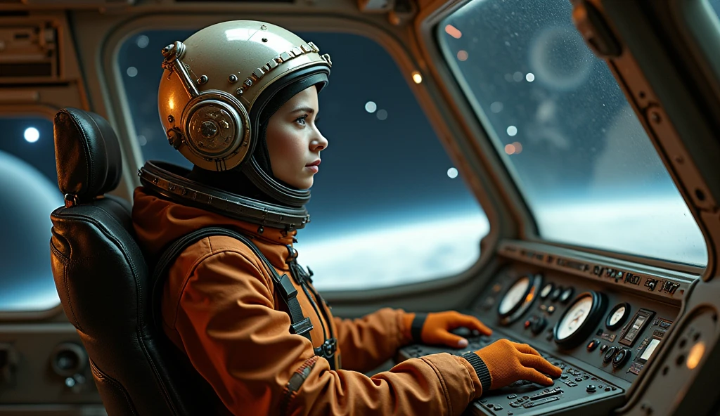 Depicts an immersive space exploration scene featuring an experienced female alien astronaut inside a futuristic cockpit. The woman, dressed in a brown-toned spacesuit, sports a pilot's helmet with shiny, steampunk-influenced metallic details. old-fashioned dark atmosphere, Her expression is focused and determined, emphasizing her role as a spaceship pilot she is looks at us. The cockpit is richly detailed with complex controls, screens, and gauges that demonstrate a high-tech environment. Through the cockpit canopy, a dark and mysterious space is revealed with distant planets and twinkling stars, reinforcing the atmosphere of interstellar adventure. The lighting in the scene is soft but accentuated enough to show the textures and details of the materials, both on the suit and the cockpit surfaces.