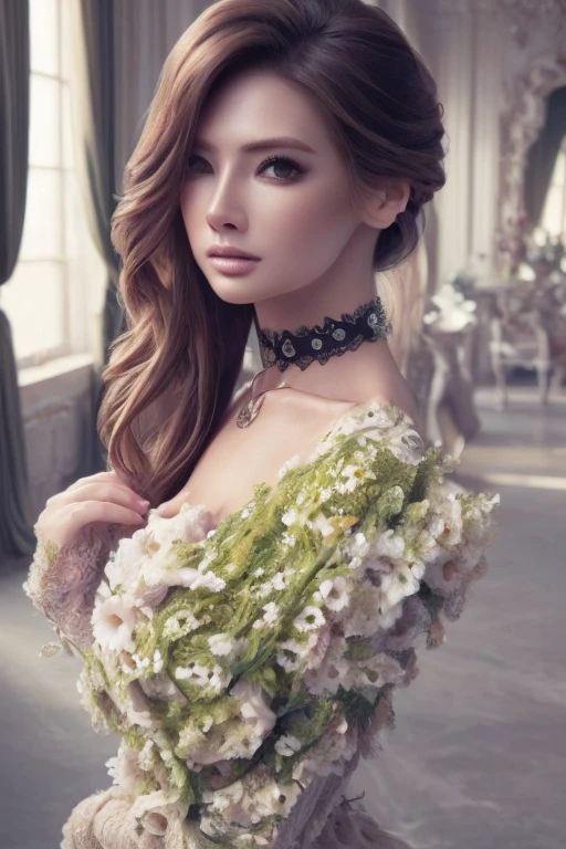 Beautiful black-haired woman with blue eyes, elegant and refined, fish, under sea,Highly detailed face, Detailed eyes, beautiful long eyelashes, complicated details, Award-winning digital art, movie light, Amazing color, realistic, 8k, Masterpiece、(Flowers hide her chest)、(A choker made of ivy)、(The entire body is covered in flowers)、(Bound by vines)、Super Real Photo、Illuminated from the left by strong light、((Flowers cover bare skin))、ponytail、(Bra made of flowers)、View from below、Highly detailed CG integration、Flowing Hair、Super long slit、Twin tails、Bun Hair、(Looking at the viewers with a lonely face)、Wavy Hair、(Random Hairstyles)、(Big earrings、Bracelet)、A strong light shines in.、Particles of light、Dazzling Light、(((斜め上からのカメラアングル)))、