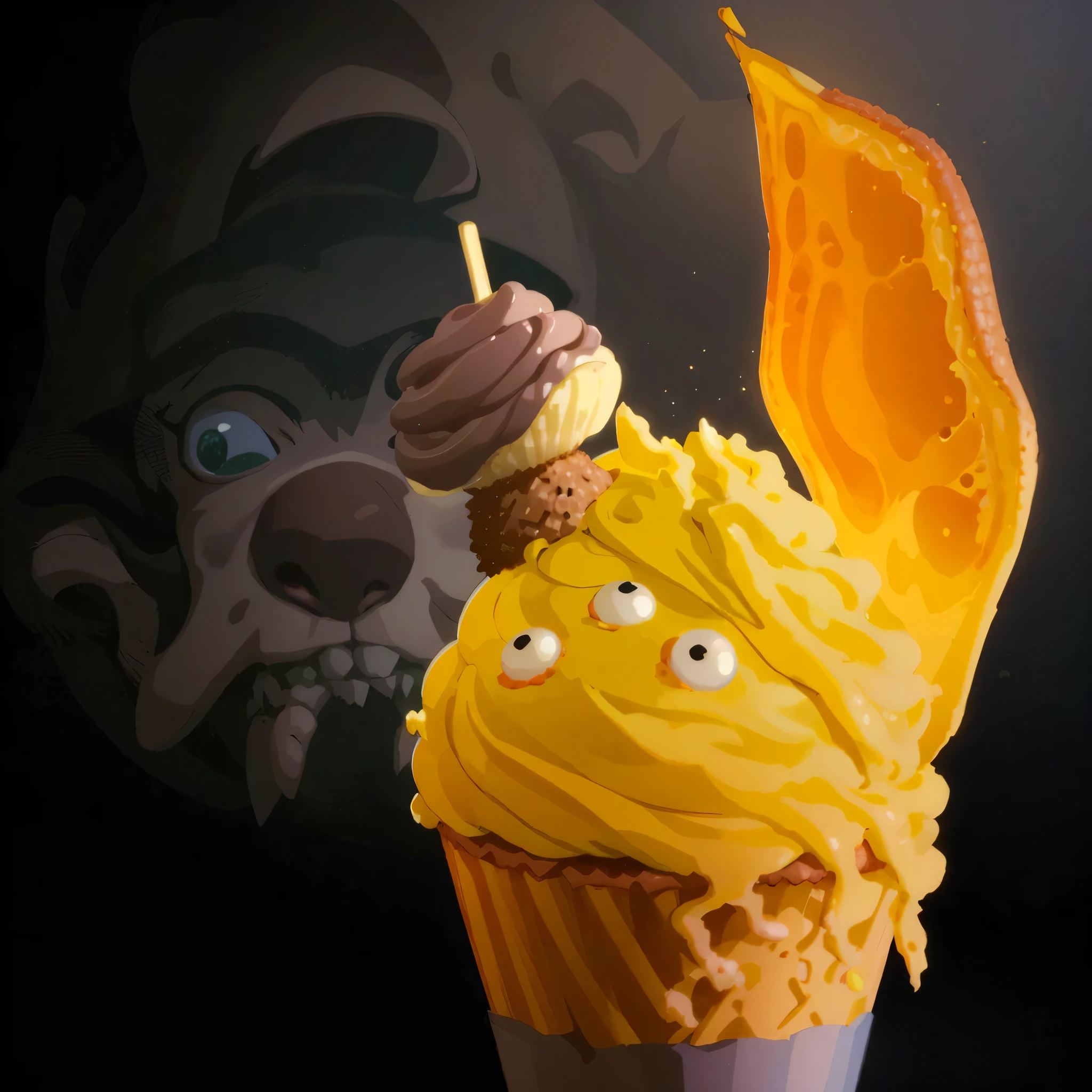 there is a cupcake with a banana and a banana on top, cone, hastur, ❤🔥🍄🌪, ice cream cone, hastur the king in yellow, creepy!!, menacing!, menacing!!!, mmmmm, creepy themed, spaghetti monster, inspired by Joris van der Haagen, fantasy food, the flying spaghetti monster(masterpiece), (best quality), comics style, analog style, illustration, lineart,