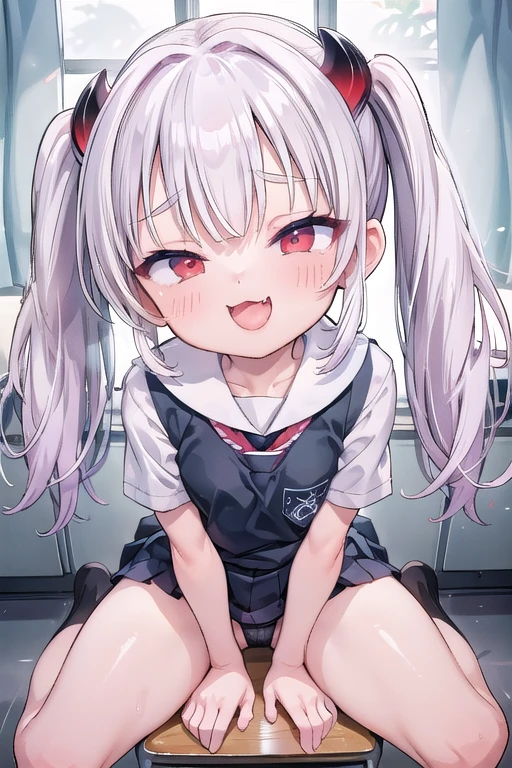 solo、wearing a school uniform, Whole body、Young face、long silver Hair、long Twin tails、Spoiled brat、Immature body、（Small breasts）、smile、Sweat、（Thick thighs:1.5)、（little demon horns and tail）、red  eyes、Backwards、looking at viewer、Open mouth、double teeth、fang、blushing and sticking out her cute tongue, tongue out、sensational、Back view, Character portrait, （spread eagle position）、（M-shaped leg spread）、(School classroom)、sexy panties、school socks、Sit on the desk、BJ-FACE-POSE 