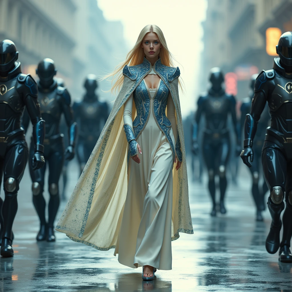 full body, full shot, Stepping out of her armored car, A queen is surrounded by her futurist AI bodyguards. The tension is intense, the queen is a woman 30 years old, very long straight hair, very blond hair, slim, blue eyes, wearing a cream and blue color futurist long royal dress with a printed circuit board cape, mix of armor and dress, stiletto heels, intense gazing eyes, as a conceptual AI, ultra-resolution, intricately detailed, full shot, from face, 8k by Helmut Newton