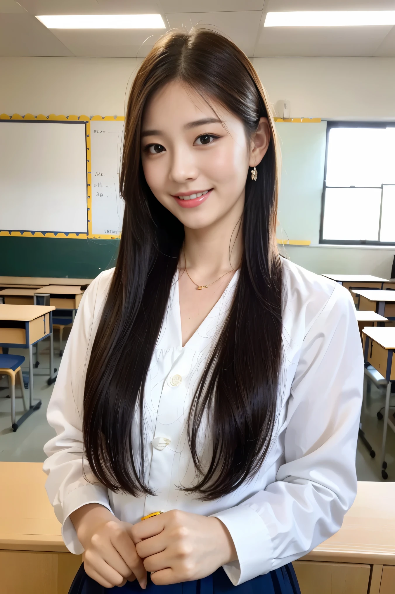 (8K), (Best Quality: 1.2), (Realistic), (Photorealistic: 1.37), Ultra High Definition, 1 Girl, Cute, Smile, Closed Mouth, Beautiful Details, Beautiful Nose, Full Body, Wet Hair, Colossal Dalsefo, Pony tale hair style, one piece, (kintergarden teacher:1.3), (((kindergarten classroom)))