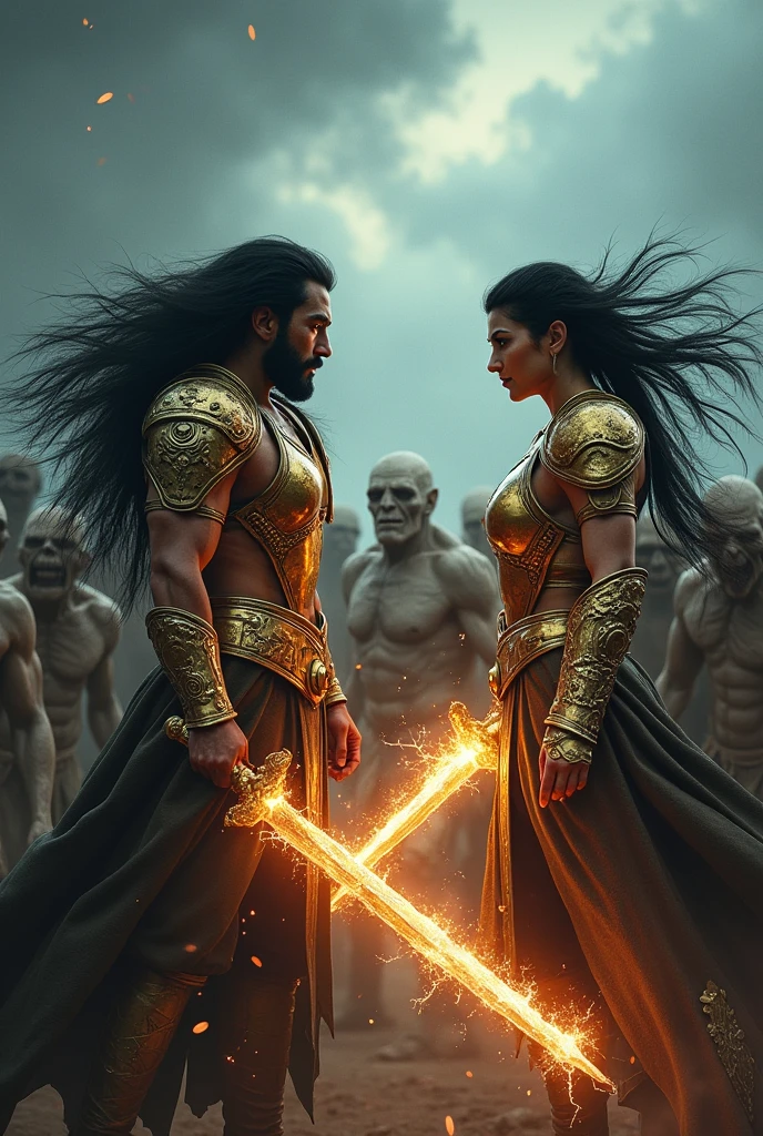2 warriors facing a horde of goblins and zombies , Warriors must have black hair and golden armor., with 2 black swords, one is fire and the other is lightning