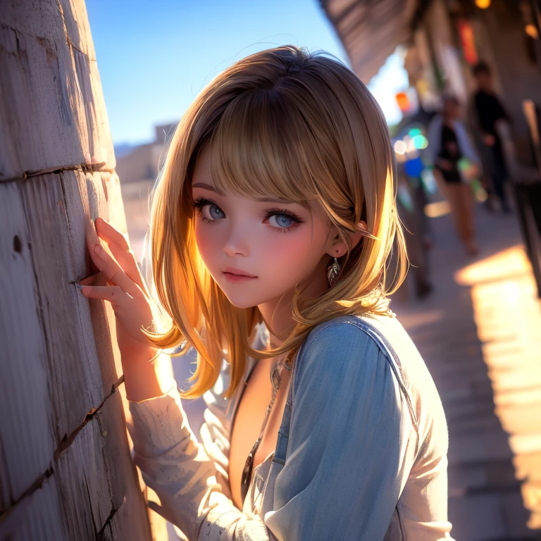 a lot, Front, portrait, A boy with medium-length blonde hair, on open air, Backlight, soft light, medieval, France, holding red flag, Looking up, red, BLUE, WHITE, trousers