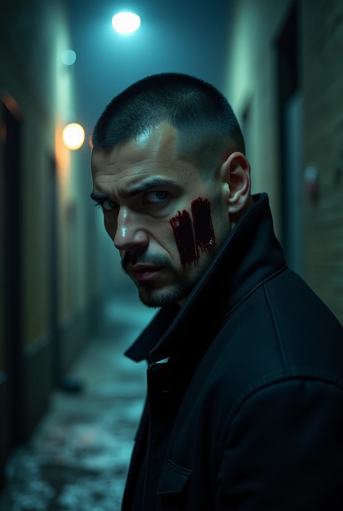 A man who is tall, broad and utterly terrifying. His eyes are icy blue, so pale that his eyes are almost colorless. His black hair is cropped short and has a scar that is slashed diagonally on his face from his eyebrows to his chin.