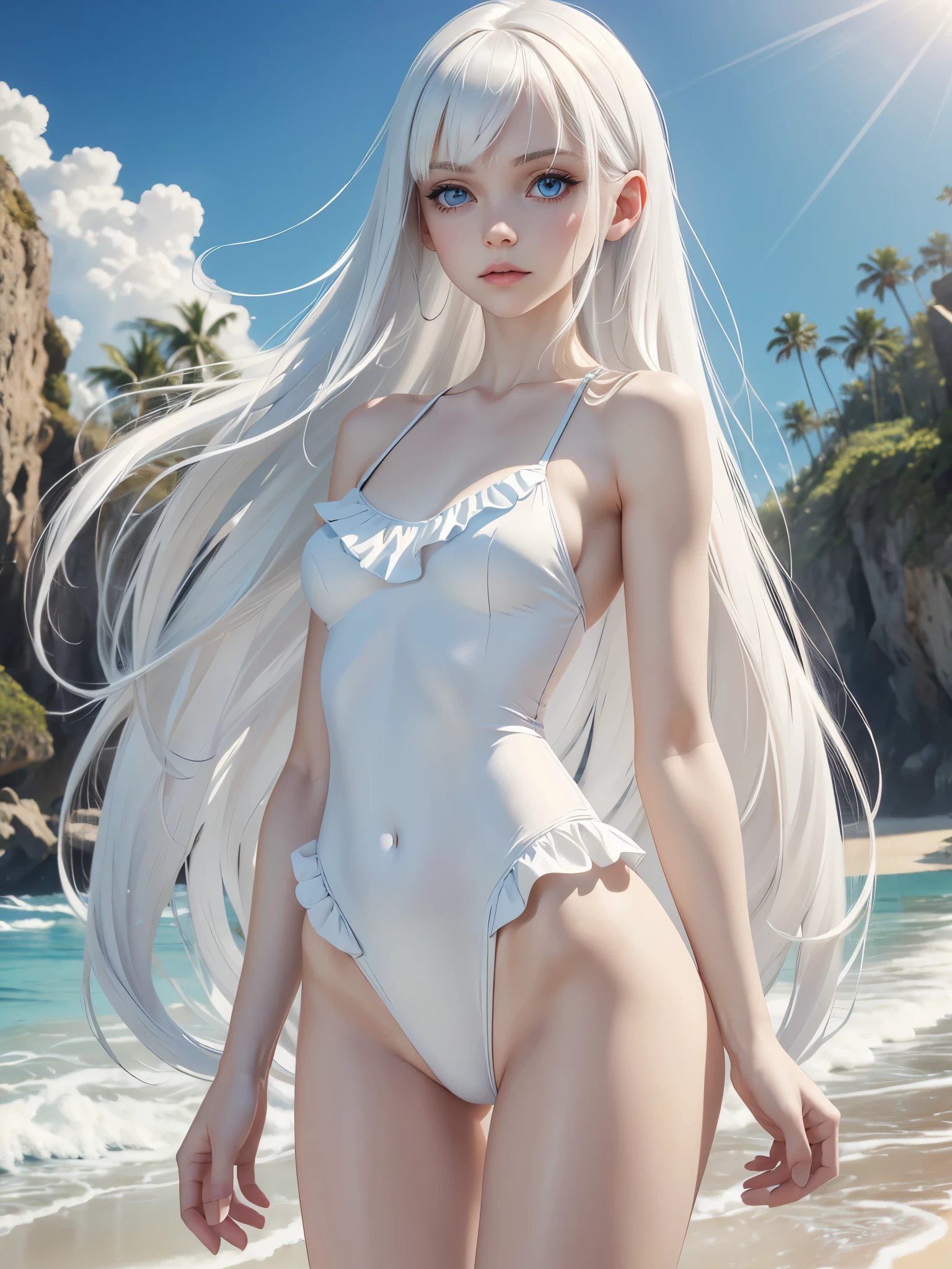 (best quality), 1girl, female, pale skin, white hair, long hair, swept bangs, straight hair, blue eyes, perfect eyes, skinny body, flat chest, shy, frilly swimsuit, beach, masterpiece, anatomically correct, highres
