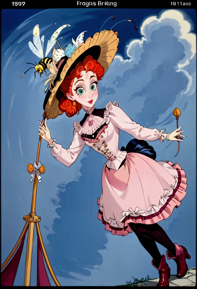 An attractive 10yo Southern belle. Upper-class airhead. Delicately holding a parasol with one hand and a handkerchief with the other, pinky fingers raised. Year 1897. Pink high-collar long sleeve 1890_dr3ss. ((Wide-brimmed black hat)). Wasp waist. Bubble butt sticking out. High-waisted ruffled ((bloomers)). Petticoats. Silk stockings. Boots. Gorgeous face, porcelain skin. Full body, realistic, detailed