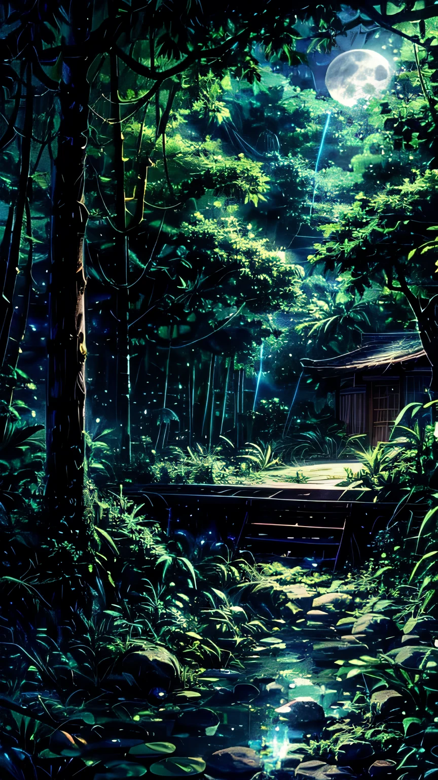 imagine aesthetic little open space area between the jungle a small wooden hut with beautiful lights under full moon open green area covered by tress and a small pond trampoline high contrast