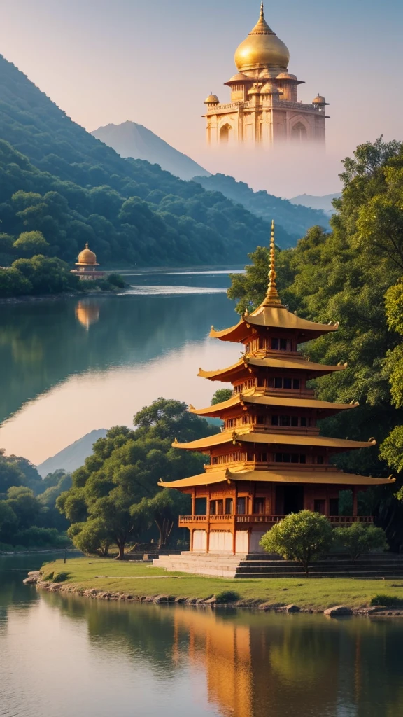 The image shows a beautiful view of a Hindu temple in India. The temple is located on the banks of a river, with a temple complex on the right side of the image. The sky is orange and yellow, indicating that it is either sunrise or sunset. The water is calm and reflects the colors of the sky.

In the foreground, there are several people sitting on the edge of the riverbank, some of them are praying or meditating. They are wearing traditional Indian clothing and are surrounded by buildings and trees. On the left side, there is a small temple with a golden dome and intricate carvings. In the background, there appears to be a temple with multiple domes and a smaller temple on top. The overall atmosphere of the scene is peaceful and serene.