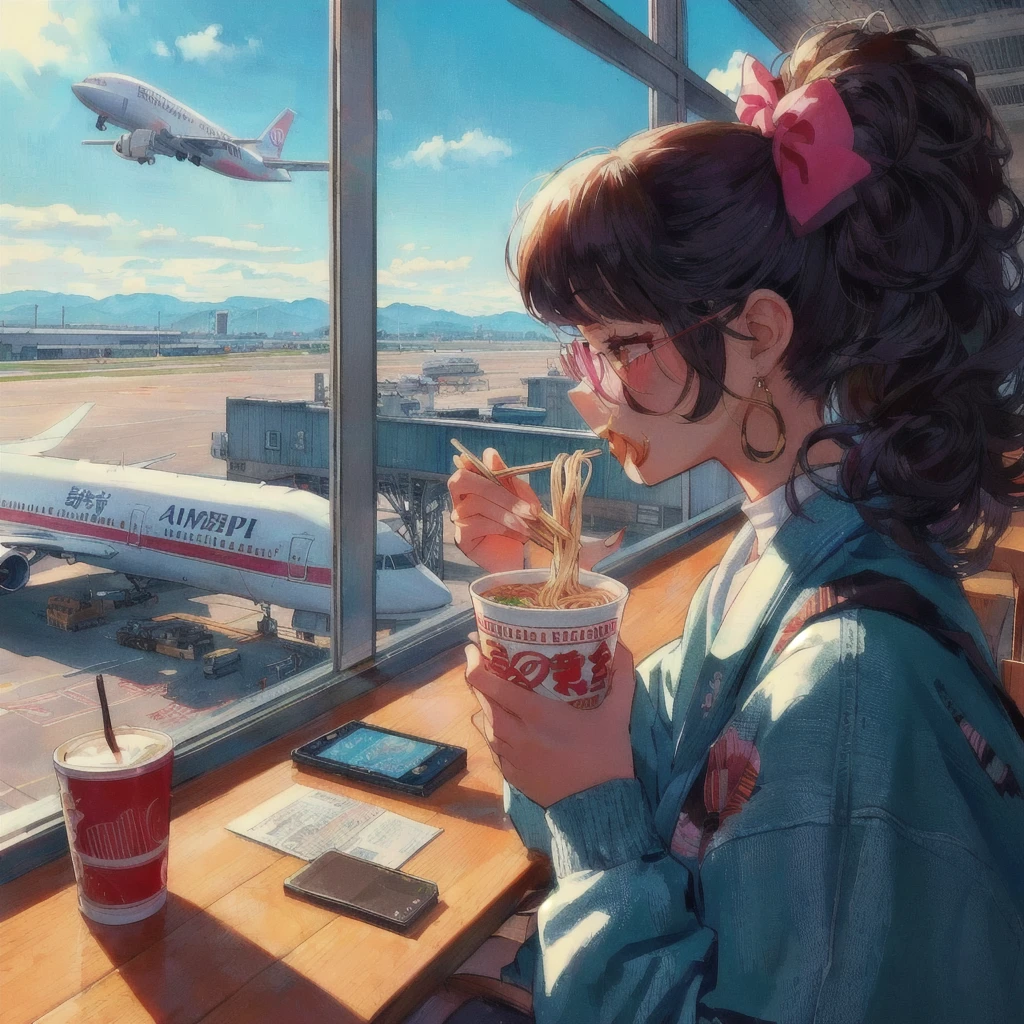 An anime about eating ramen with chopsticks at the airport, LOFI Girl, Lofi Artstyle, Lofi Art, Detailed digital anime art, Gweiz-style artwork, Realistic Anime 3D Style, LOFI Girl aesthetic, Digital anime illustration, 4K Manga Wallpapers, Anime Style 4k, Anime style digital art, 80s anime style, Anime Aesthetics