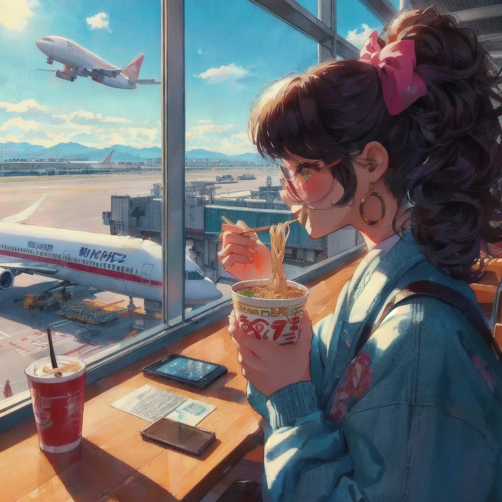 An anime about eating ramen with chopsticks at the airport, LOFI Girl, Lofi Artstyle, Lofi Art, Detailed digital anime art, Gweiz-style artwork, Realistic Anime 3D Style, LOFI Girl aesthetic, Digital anime illustration, 4K Manga Wallpapers, Anime Style 4k, Anime style digital art, 80s anime style, Anime Aesthetics