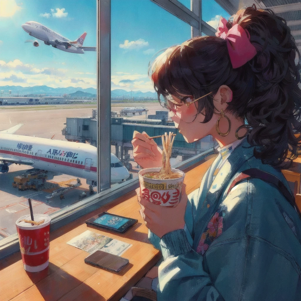 An anime about eating ramen with chopsticks at the airport, LOFI Girl, Lofi Artstyle, Lofi Art, Detailed digital anime art, Gweiz-style artwork, Realistic Anime 3D Style, LOFI Girl aesthetic, Digital anime illustration, 4K Manga Wallpapers, Anime Style 4k, Anime style digital art, 80s anime style, Anime Aesthetics