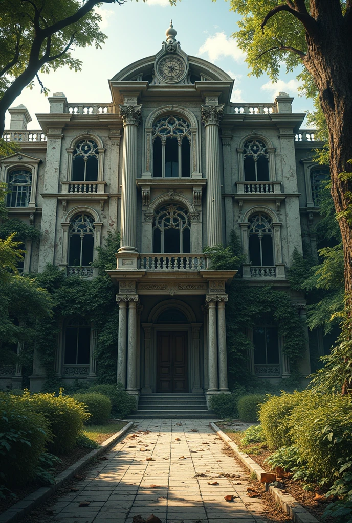 Hotel Structure:** A large, old, and crumbling hotel with overgrown trees, wild plants, and broken walls. The windows and doors are dirty and dilapidated.