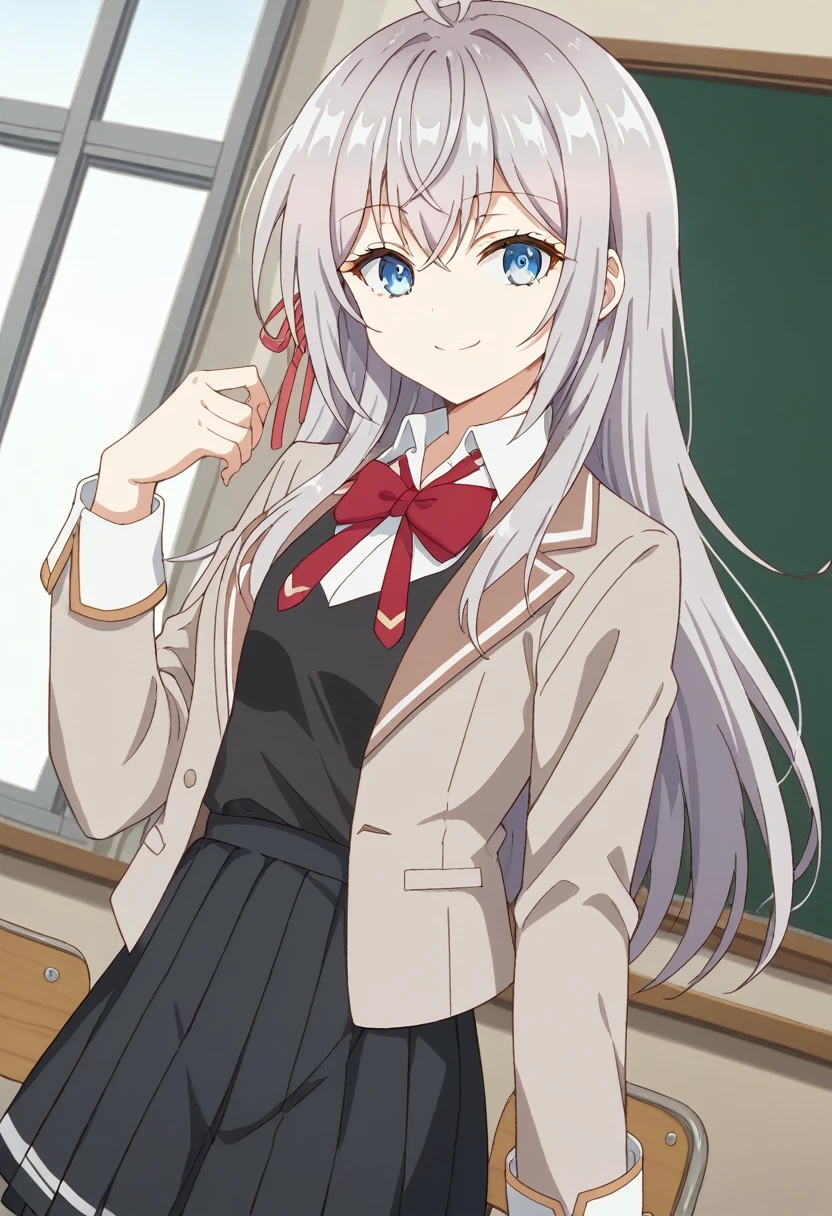 alisamikhailovna, alisamikhailovna kujou, long hair, bangs, blue eyes, ahoge, gray hair, red ribbon,
skirt, shirt, long sleeves, bow, school uniform, jacket, white shirt, pleated skirt, collared shirt, bow tie, black skirt, red bow, red bow tie, jacket, gray jacket, long sleeves, classroom, leaning , smile, looking at viewer, alone, cowboy shot, dutch angle