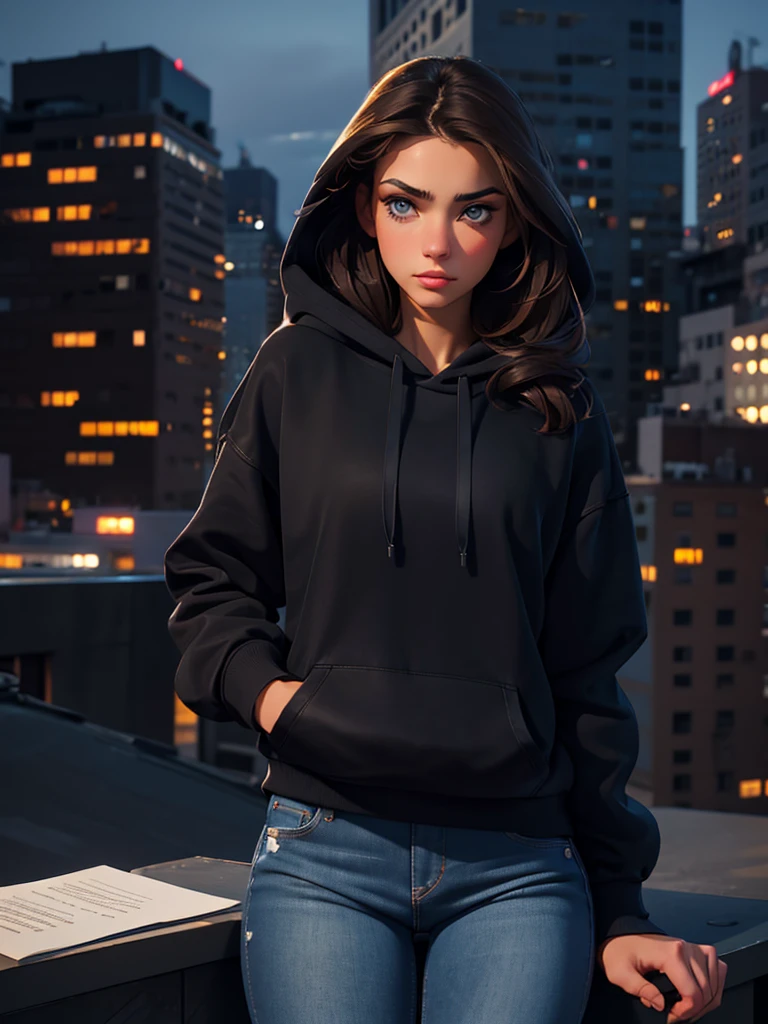 a pretty brunette, 22 years old, wearing a black hoodie and blue jeans, writing on paper on the roof of a New York building, pensive and slightly sad expression, detailed facial features, detailed eyes and lips, complex urban background, fancy lighting, cinematic composition, realistic photo, high quality, 8k, ultra detailed