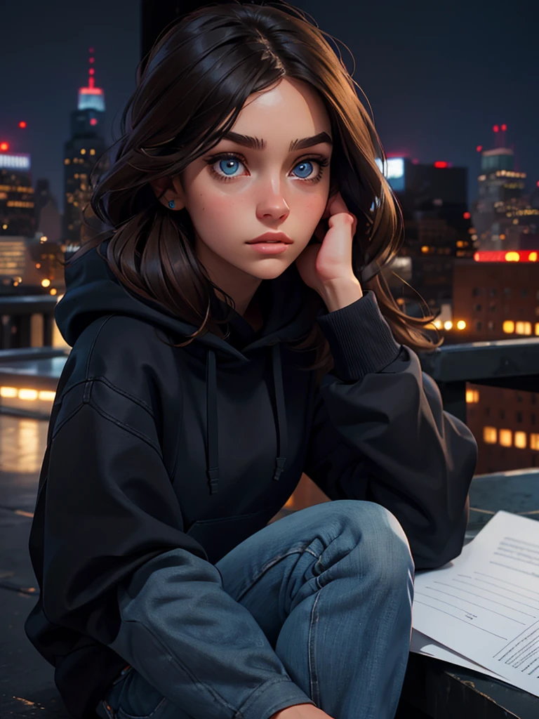 a pretty brunette, 22 years old, wearing a black hoodie and blue jeans, writing on paper on the roof of a New York building, pensive and slightly sad expression, detailed facial features, detailed eyes and lips, complex urban background, fancy lighting, cinematic composition, realistic photo, high quality, 8k, ultra detailed