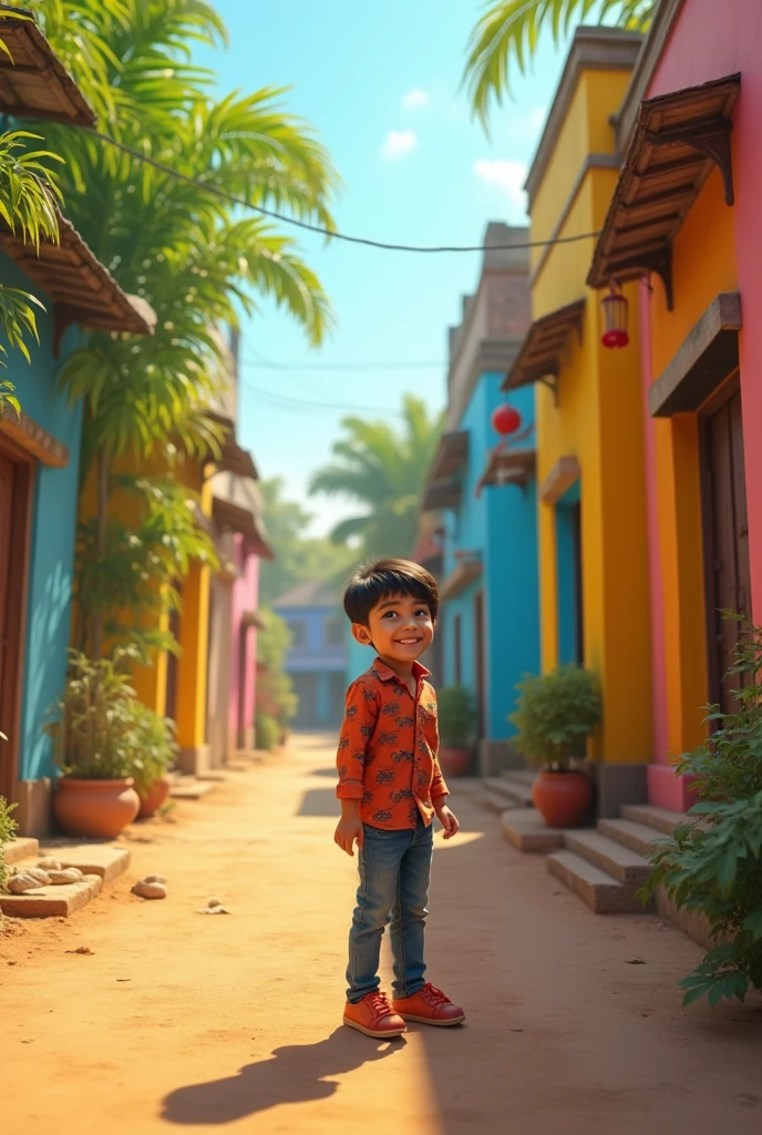Bhai Calls Out to Ben:**
- A brother (Bhai) is standing in a vibrant, traditional Gujarati village, playfully calling out to his sister (Ben). The scene shows a joyful atmosphere with colorful houses and greenery around. The brother is smiling warmly, eagerly waiting for his sister.
