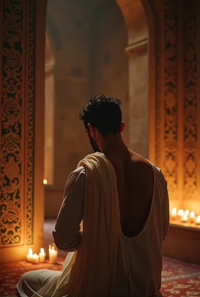 want a beautiful image in which a man is praying (performing Salah). The man should be very handsome, and the image should look as if it is 1400 years old. The man should be praying in a very peaceful room."the man who praying Salah is visible only backside in the image