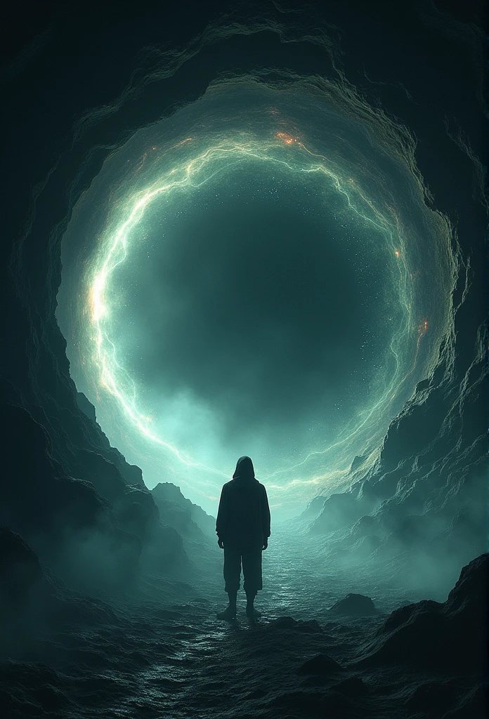 A creepy image of a person standing in a dark tunnel、Stars in the background, Surreal painting inspired by Beksinski, tumbler, Surrealism, Standing in a large vortex, Interstellar Infinite Portal, A majestic interstellar portal, A glowing black hole entrance, Rising from the void, Being sucked into the black hole