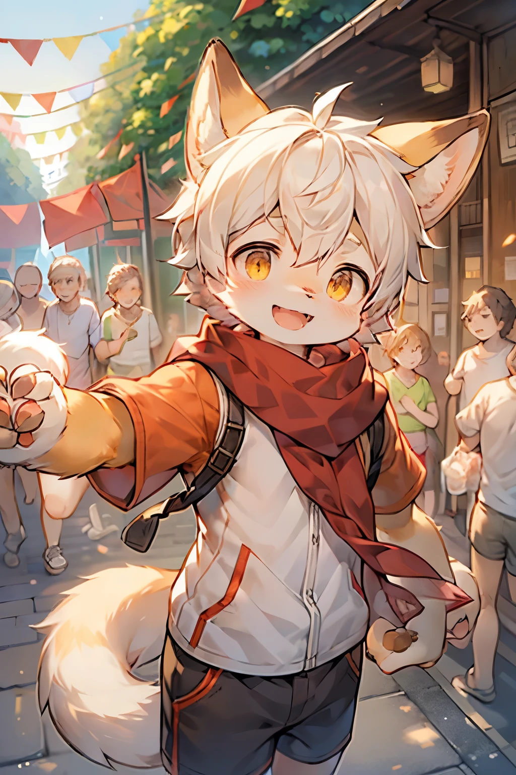 Fox Boy,Hairy boy,Babies and features,White hair,Yellow skin,White Arm,Red scarf,Short sleeve with jacket,shorts,National Day Street,Holding a red flag,happy