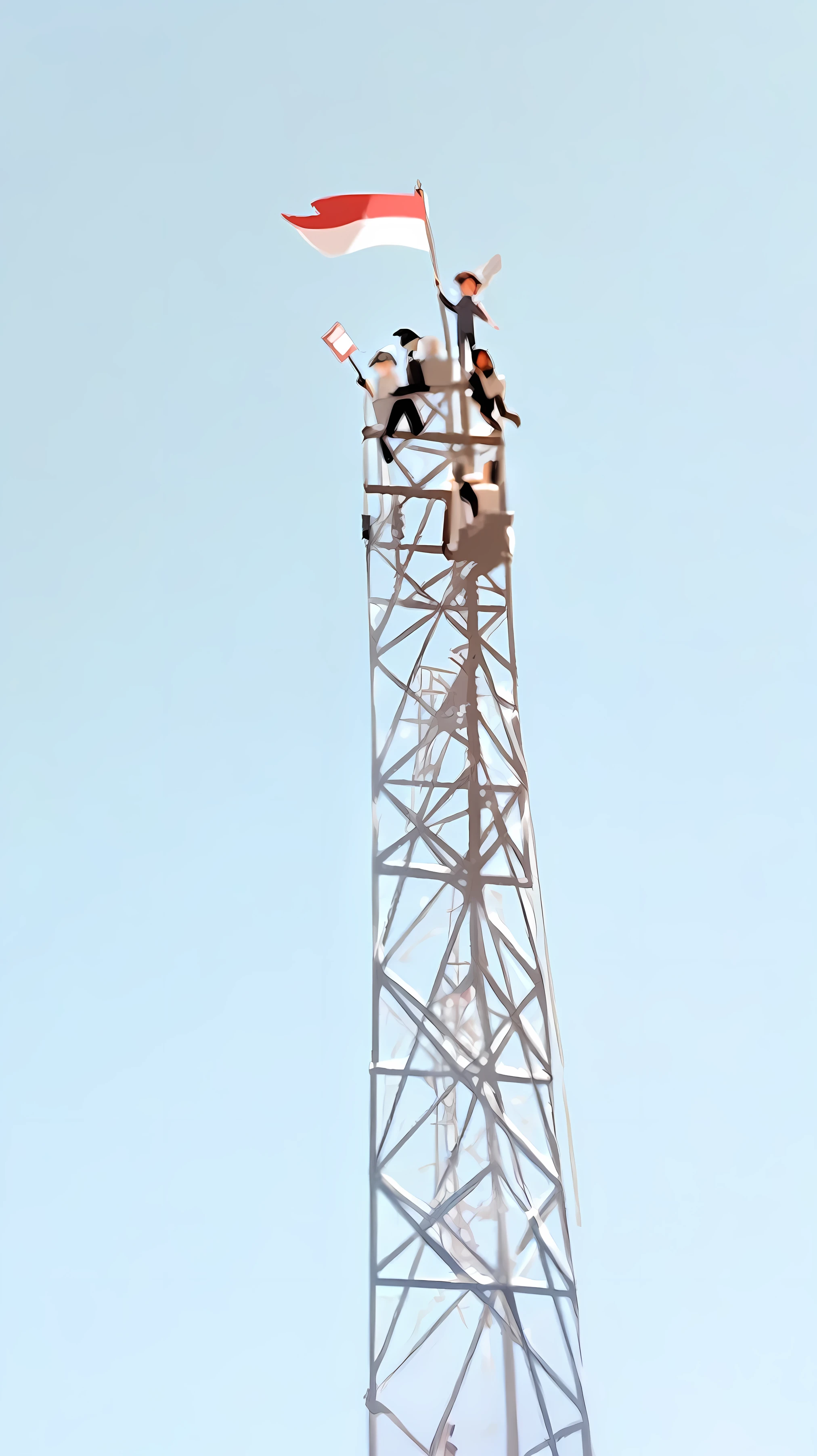Turn into a 2D cartoon image, Three technicians are on top of the Telkom tower while waving the red and white flag, Maintain the position in place,
