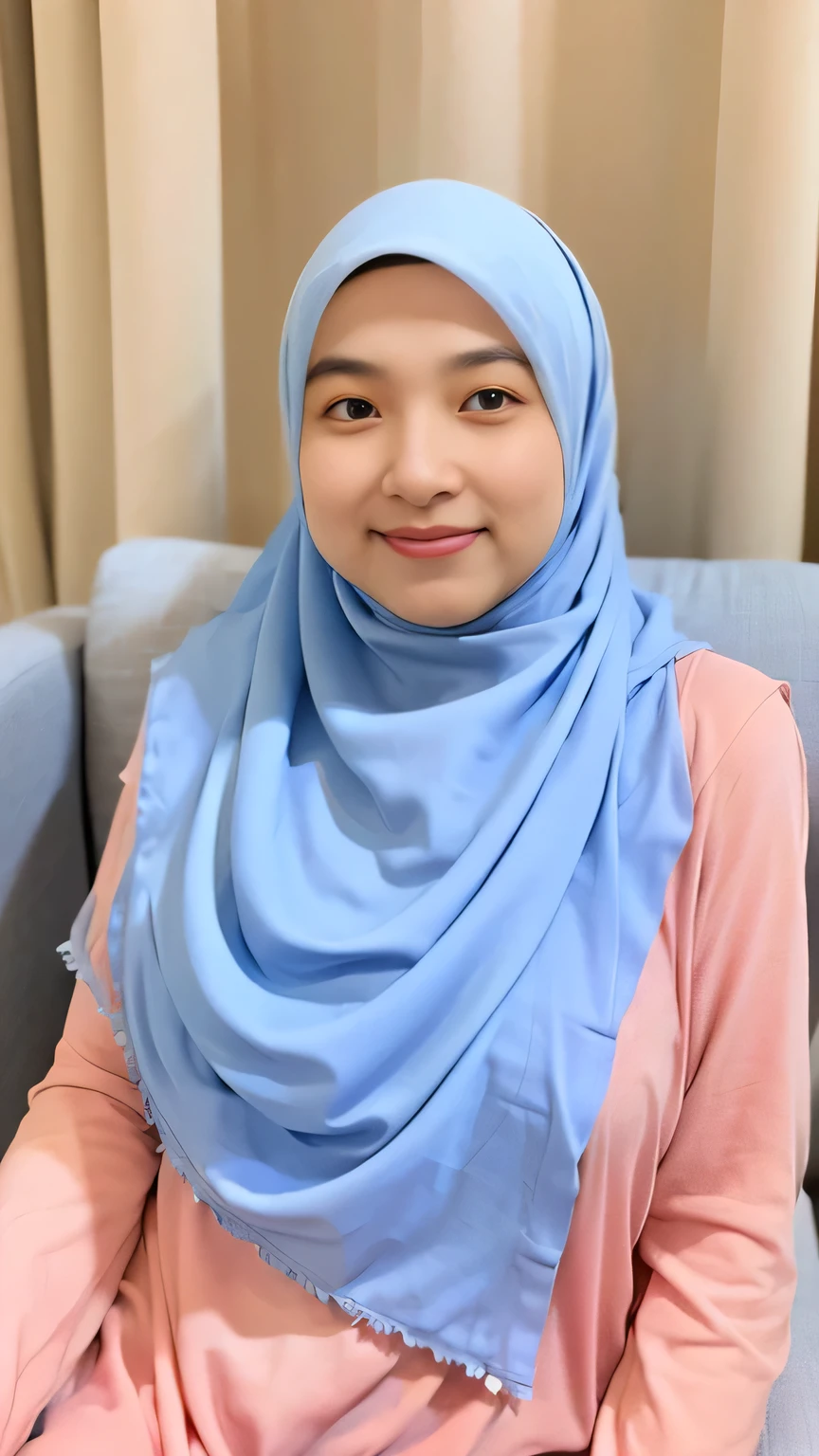 Malay girl in hijab, (wearing elegant babushka), medium breast, breast about to burst out, portrait photography, mid shot photo, ultra detail, professional photograph with professional lighting, smile, light blue studio background, sitting on the chair, in a studio, view from front, 