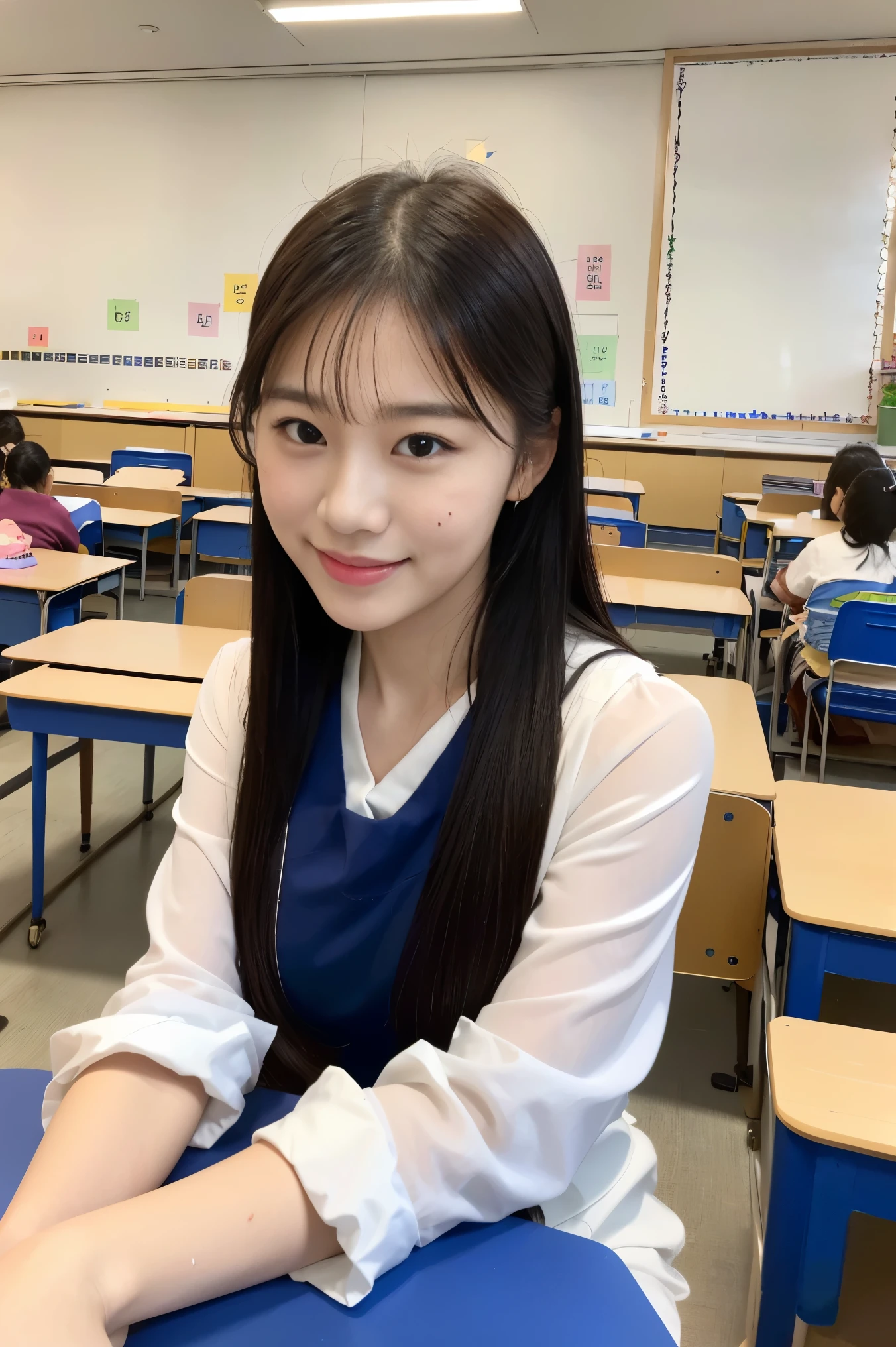 (8K), (Best Quality: 1.2), (Realistic), (Photorealistic: 1.37), Ultra High Definition, 1 Girl, Cute, Smile, Closed Mouth, Beautiful Details, Beautiful Nose, Full Body, Wet Hair, Colossal Dalsefo, Pony tale hair style, one piece, (kintergarden teacher:1.3), (((kindergarten classroom))),((One woman Educating MANY kindergarten students:1.3)), KOREAN