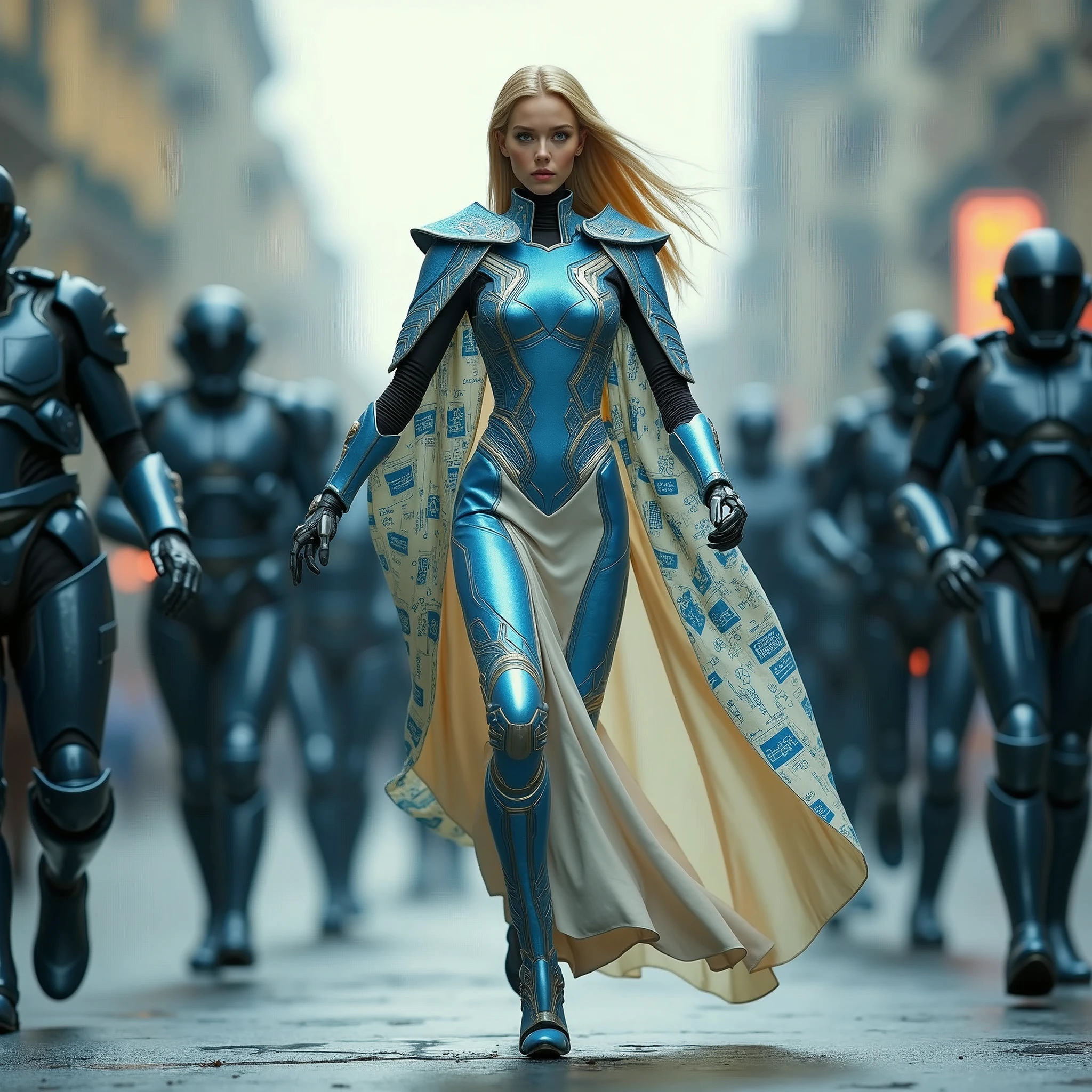 full body, full shot, running on a futurist street, A queen is surrounded by her futurist AI bodyguards. The tension is intense, the queen is a woman 30 years old, very long straight hair, very blond hair, slim, blue eyes, wearing a cream and blue color futurist long royal dress with a printed circuit board cape, mix of armor and dress, stiletto heels, intense gazing eyes, as a conceptual AI, ultra-resolution, intricately detailed, full shot, from face, 8k by Helmut Newton