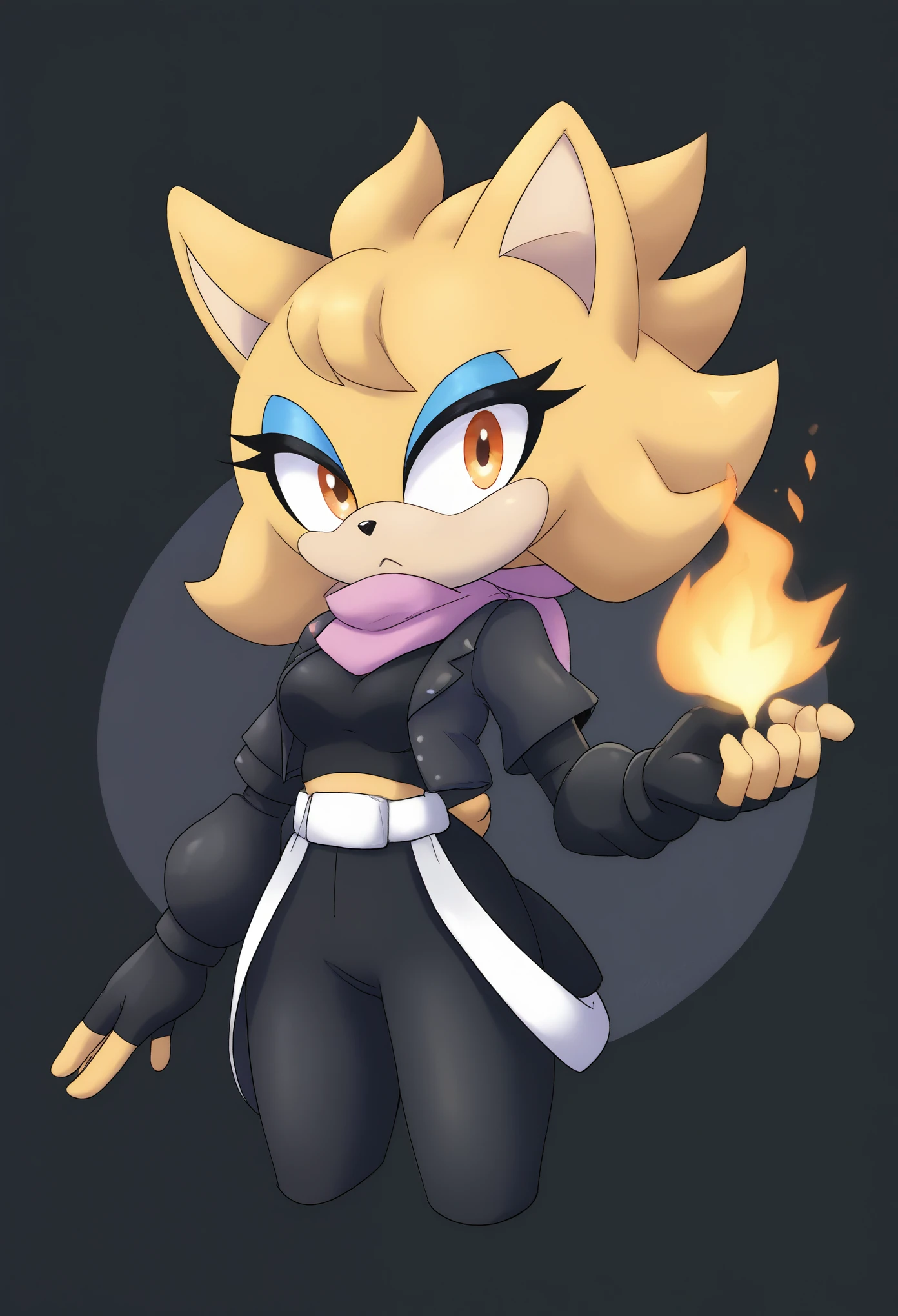 (1girl), (solo), Female cat, light yellow fur, rouge hairstyle, tips of hair have an orange blend, fringe_trim styled hair bangs, orange eyes, medium bust, cropped vest coat, black crop top, black yoga pants, white belt, long anime-like scarf blowing in the wind, long elbow length black gloves, fingerless gloves, one hand up, holding a small flame, makeup, eyelashes, daytime, mobian, mobius city
