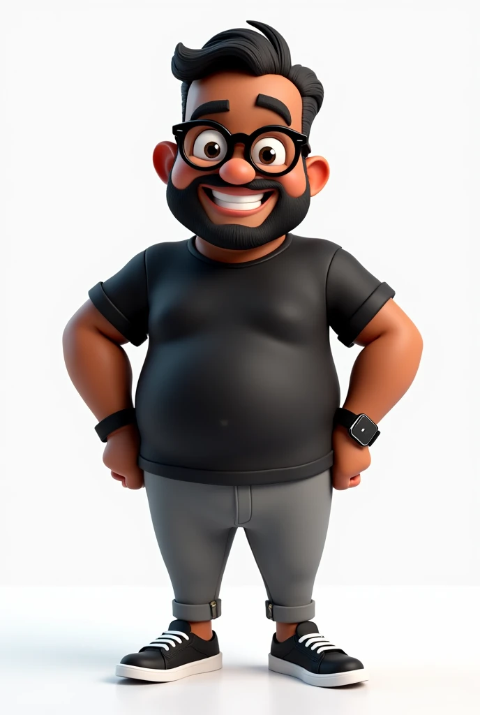 Create a full-body stylized 3D cartoon character of a middle-aged black man with a slightly overweight build. Render the character in a 'Pixar-like' or '3D Cartoon' style with a playful, exaggerated appearance similar to the image provided. Use 'Arnold Maya' or 'Keyshot Toon' engines for high-quality animation. Ensure the rendering includes detailed textures, a smooth and polished finish, and vibrant colors. The character should have large, expressive eyes and a slightly exaggerated head-to-body ratio, typical of a fun, cartoonish style.

Set the character's expression to be friendly and cheerful, with a big smile. His hair should be straight, styled with a bit of volume, and his beard should be neatly trimmed and smooth-textured. The beard should be mostly dark, but with white hairs prominently visible on the chin. The skin tone should be dark brown with a warm undertone.

The character should wear modern black reading glasses, a fitted black t-shirt, rolled-up gray pants, and black sneakers with white soles. Include a black smartwatch on his wrist. Position the character in a confident, hands-on-hips pose. Use a transparent background to isolate the character, and ensure the rendering is at the highest resolution possible.