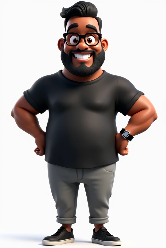 Create a full-body stylized 3D cartoon character of a middle-aged black man with a slightly overweight build. Render the character in a 'Pixar-like' or '3D Cartoon' style with a playful, exaggerated appearance similar to the image provided. Use 'Arnold Maya' or 'Keyshot Toon' engines for high-quality animation. Ensure the rendering includes detailed textures, a smooth and polished finish, and vibrant colors. The character should have large, expressive eyes and a slightly exaggerated head-to-body ratio, typical of a fun, cartoonish style.
Set the character's expression to be friendly and cheerful, with a big smile. His hair should be straight, styled with a bit of volume, and his beard should be neatly trimmed and smooth-textured. The beard should be mostly dark, but with white hairs prominently visible on the chin. The skin tone should be dark brown with a warm undertone.
The character should wear modern black reading glasses, a fitted black t-shirt, rolled-up gray pants, and black sneakers with white soles. Include a black smartwatch on his wrist. Position the character in a confident, hands-on-hips pose. Use a transparent background to isolate the character, and ensure the rendering is at the highest resolution possible.