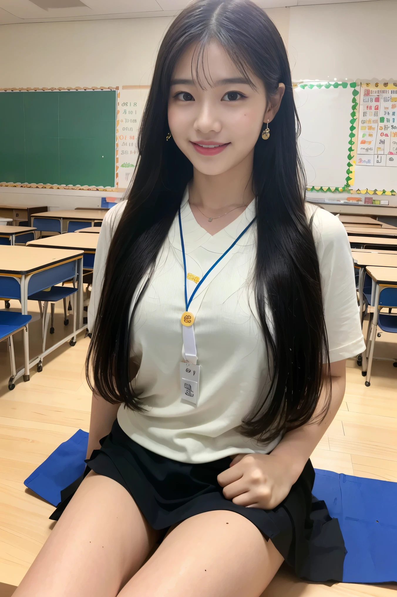 (8K), (Best Quality: 1.2), (Realistic), (Photorealistic: 1.37), Ultra High Definition, 1 Girl, Cute, Smile, Closed Mouth, Beautiful Details, Beautiful Nose, Full Body, Wet Hair, Colossal Dalsefo, Pony tale hair style, one piece, (kintergarden teacher:1.3), (((kindergarten classroom))),((One woman Educating MANY kindergarten students:1.3)), KOREAN