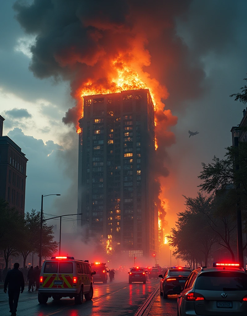 a burning high rise building, firefighters, police cars, ambulances, chaos, dramatic sky, thick black smoke, orange flames, intense heat, people evacuating, first responders rushing to the scene, heroic rescue efforts, damaged architecture, shattered windows, bright emergency lights, sirens blaring, (best quality,4k,8k,highres,masterpiece:1.2),ultra-detailed,(realistic,photorealistic,photo-realistic:1.37),cinematic lighting,epic scale,dramatic composition,muted color palette,moody atmosphere