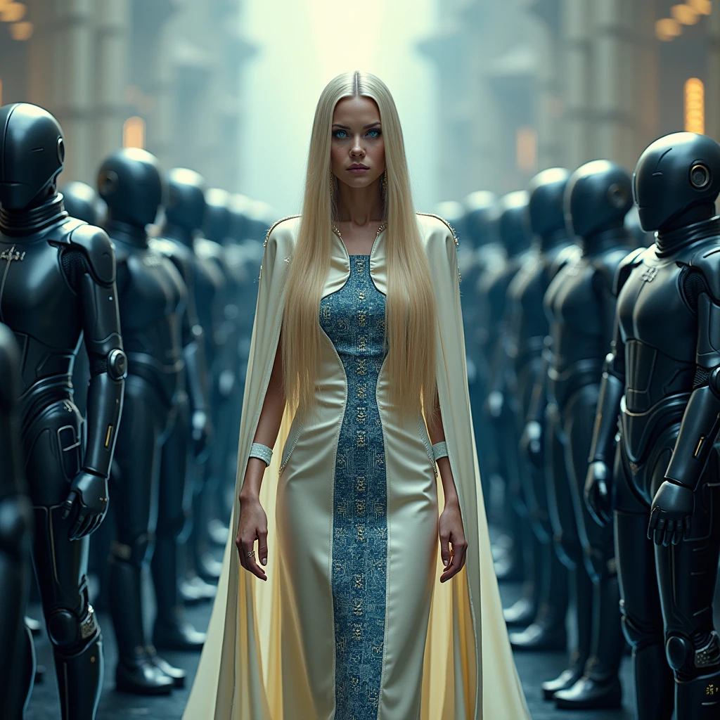full body, full shot, in the midst of a cheering crowd, A queen is surrounded by her futurist AI bodyguards. The tension is intense, the queen is a woman 30 years old, very long straight hair, very blond hair, slim, blue eyes, wearing a cream and blue color futurist long royal dress with a printed circuit board cape, mix of armor and dress, stiletto heels, intense gazing eyes, as a conceptual AI, ultra-resolution, intricately detailed, full shot, from face, 8k by Helmut Newton