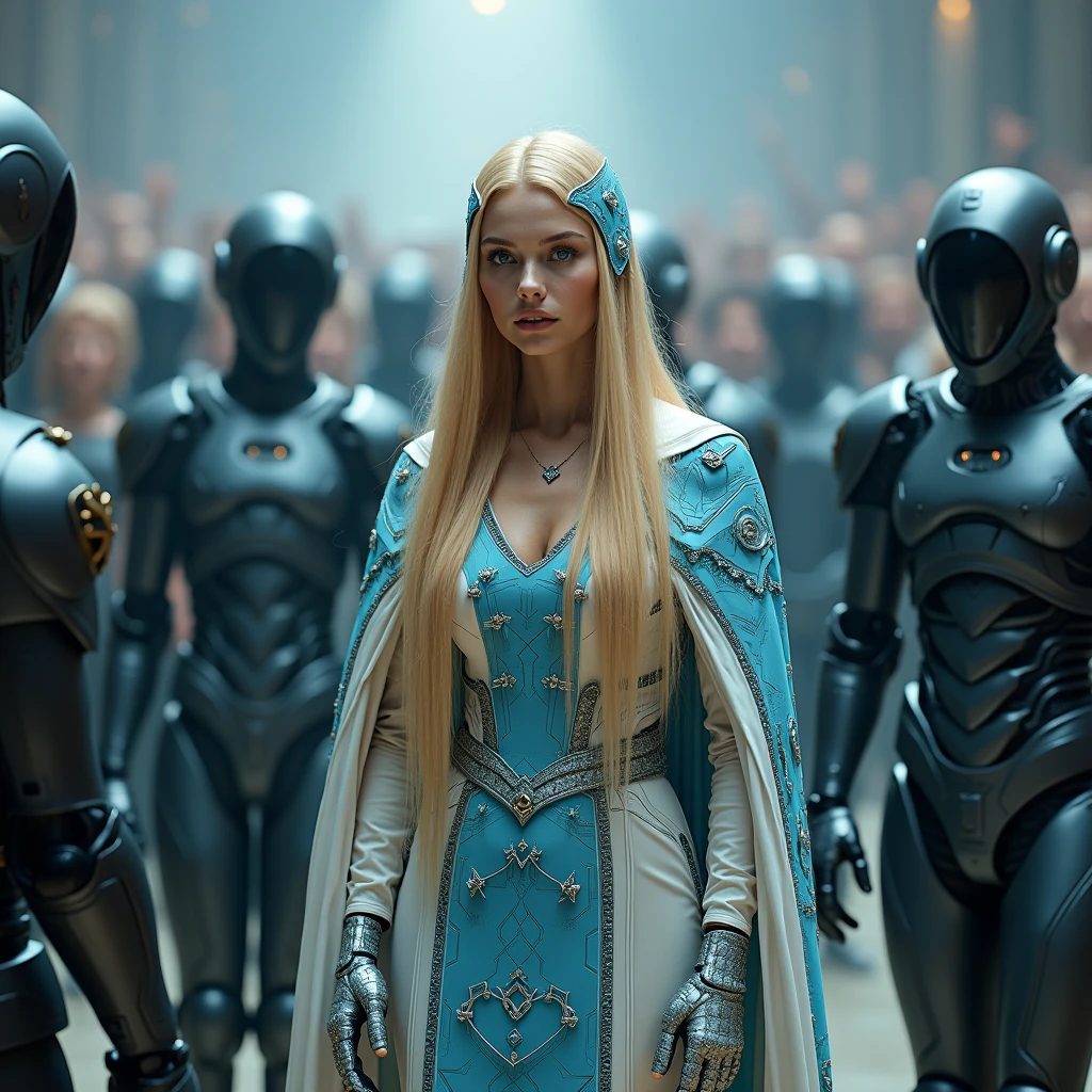 full body, full shot, in the midst of a cheering crowd, A queen is surrounded by her futurist AI bodyguards. The tension is intense, the queen is a woman 30 years old, very long straight hair, very blond hair, slim, blue eyes, wearing a cream and blue color futurist long royal dress with a printed circuit board cape, mix of armor and dress, stiletto heels, intense gazing eyes, as a conceptual AI, ultra-resolution, intricately detailed, full shot, from face, 8k by Helmut Newton
