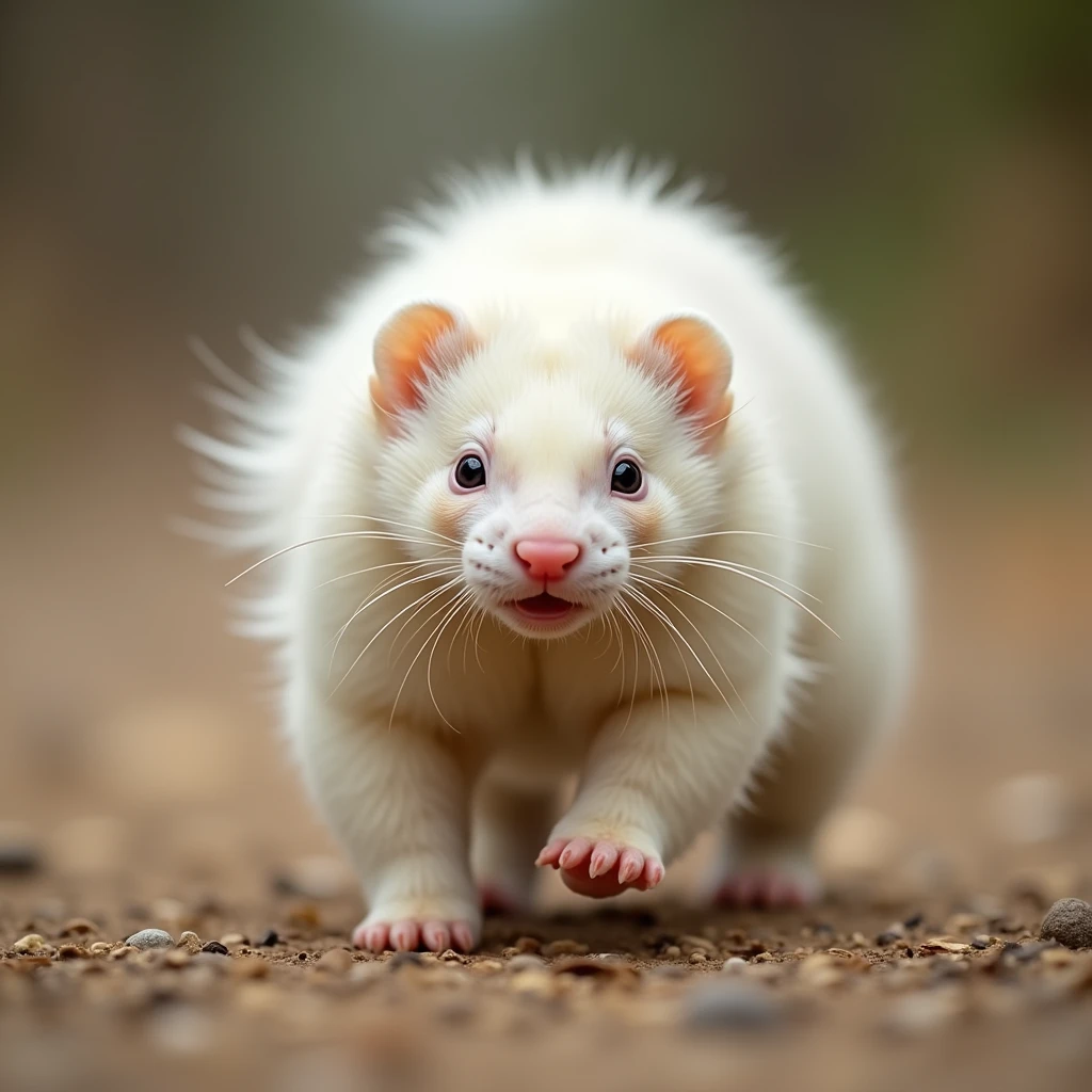 A chubby, pure white ferret running desperately