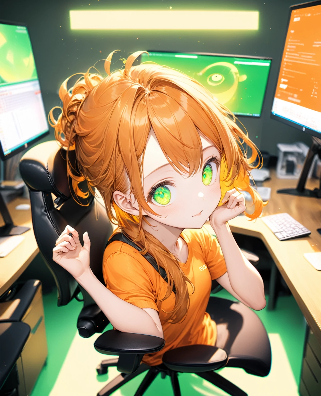 (Highest quality,8k,32K,masterpiece,Ultra-high resolution :1.2 ),born,One person,Super cute,Natural light,Clear, shining eyes,20-year-old,Fair skin,Company PC,Office desk fantasy background,Orange Hair,Glowing green eyes,Fluorescent Orange Background,Orange PC,Stretching,Gaming Chair