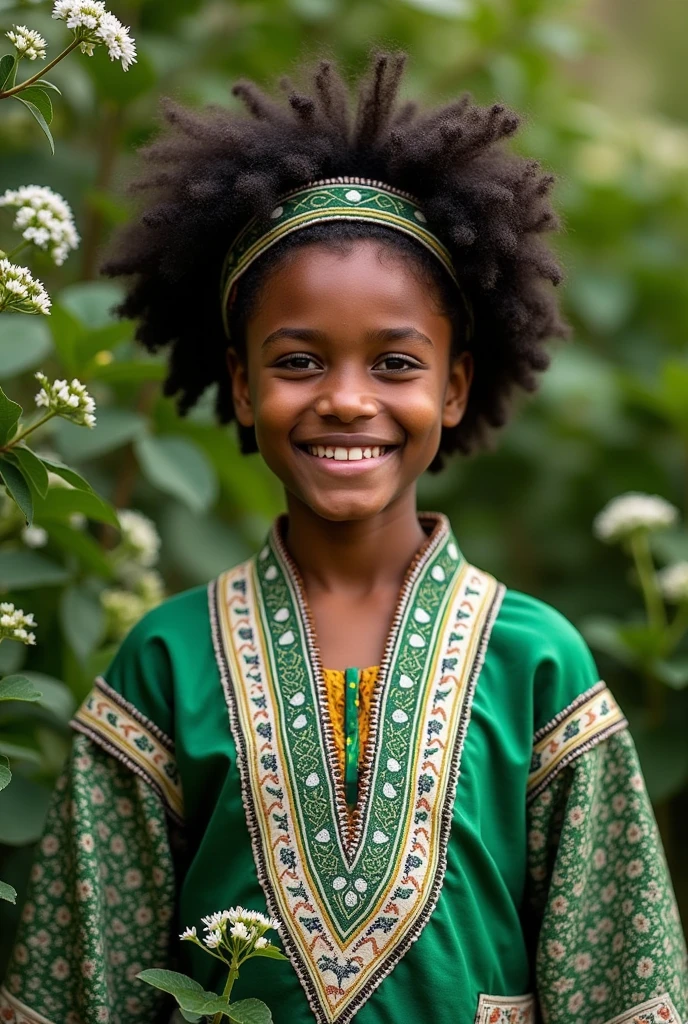 Ethiopian oromo culture cloth wearing Adolescent in green and white flower background