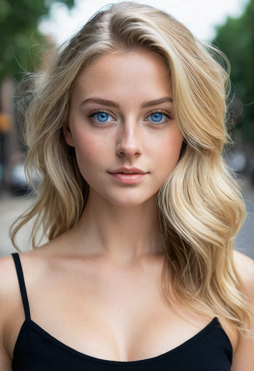 "A photorealistic picture of a 25-year-old American girl with long, medium size breast,tiny attractive nose, flowing blonde hair and blue eyes with wearing black top. She should have a natural, approachable expression and be illuminated by soft.Instagram photo. She is outside, her hands are not captured in the photo, Capture this image with a high-resolution photograph,cleavage