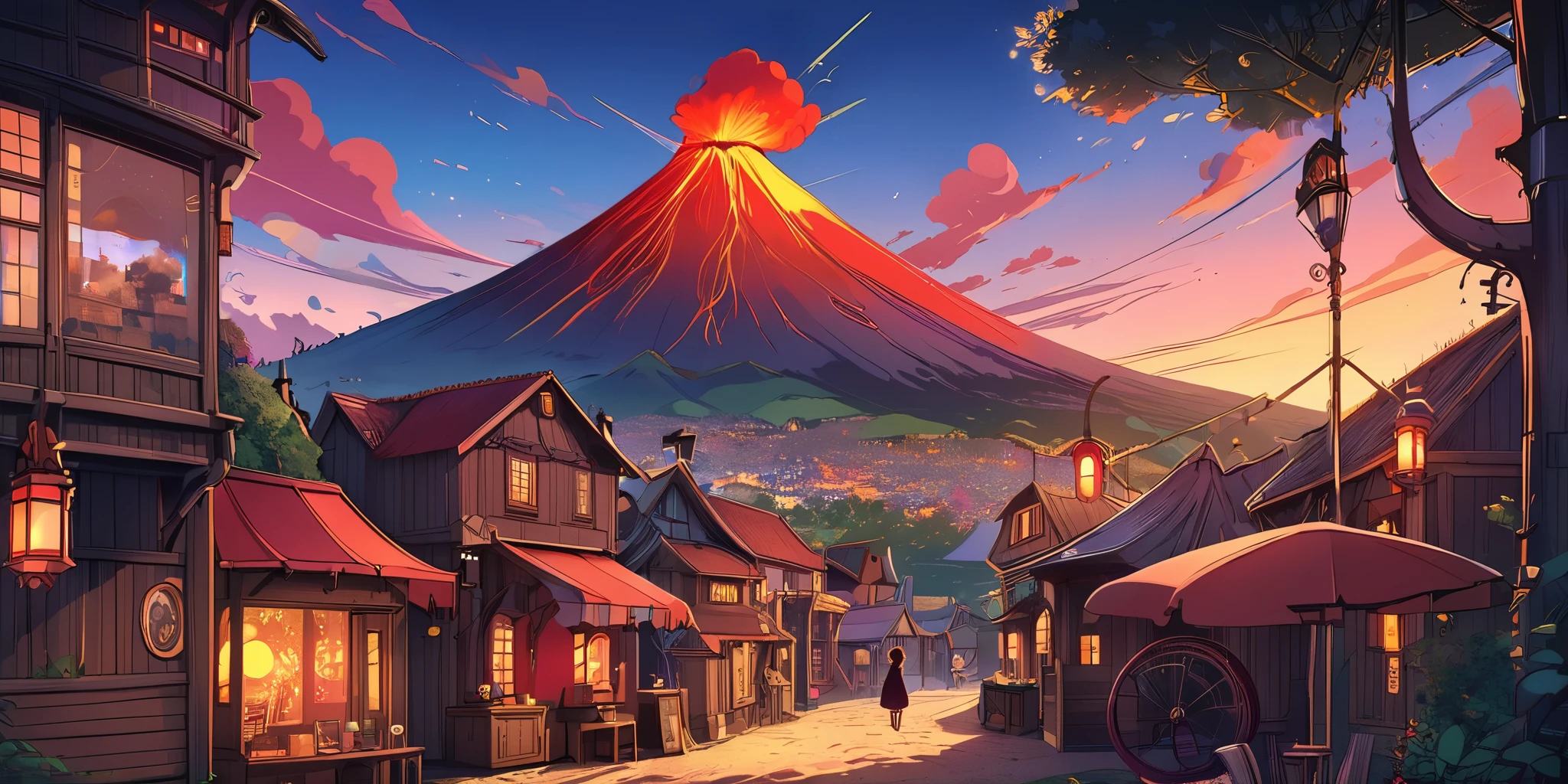 Draw a lofi anime poster, village, volcan, Steampunk Decoration, faire, lumière, a beautiful color palette in black red, couleurs saturées vibrantes, ouvrages d'art, days, animated theme