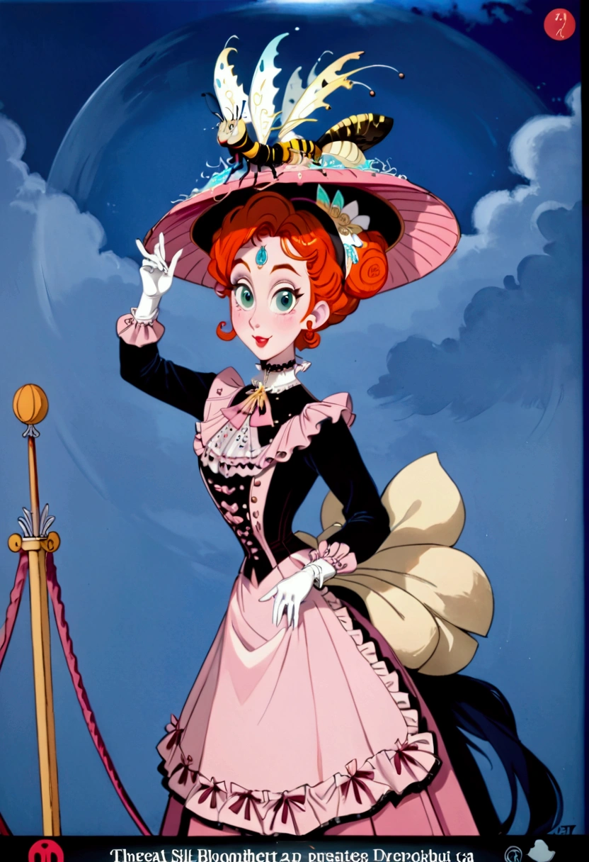 An attractive 10yo Southern belle. Upper-class airhead. Delicately holding a parasol with one hand and a handkerchief with the other, pinky fingers raised. Year 1897. Pink high-collar long sleeve 1890_dr3ss. ((Wide-brimmed black hat)). 6-inch wasp waist. Bubble butt sticking out. High-waisted ruffled ((bloomers)). Petticoats. Silk stockings. Boots. Gorgeous face, porcelain skin. Full body, realistic, detailed