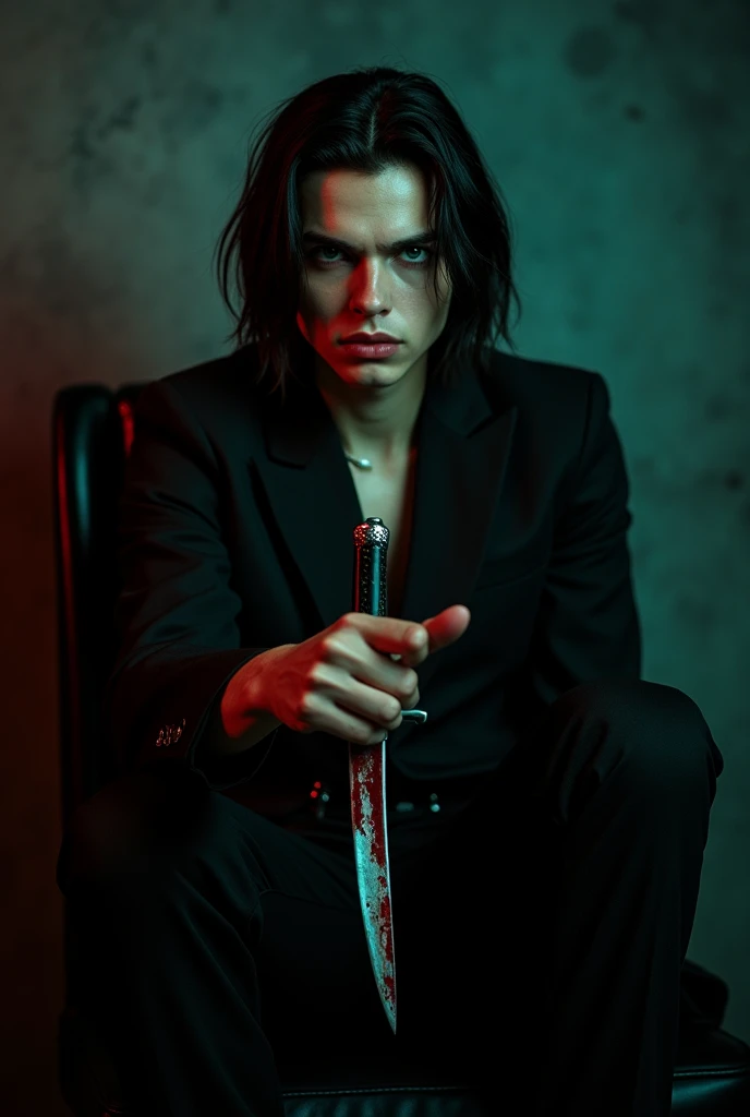 A sexy young male with delicate facial features, black long hair, teal blue eyes. Wearing full Gothic clothes. Holding a knife in his hand. He's wanted a serial killer. (((No facial or body hair))) (Male) (Black and red) (Smirking maliciously) (malicious) smirking and narrowing his eyes with a malicious expression. (((Seductive))) Blood. (Sitting with his legs crossed.) Holding his knife at the camera. Malicious. He has eyeliner. Blood. Smirking maliciously, looking down.